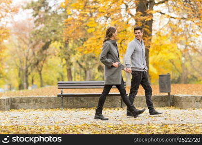 Young loving couple having a walk in the autumn park