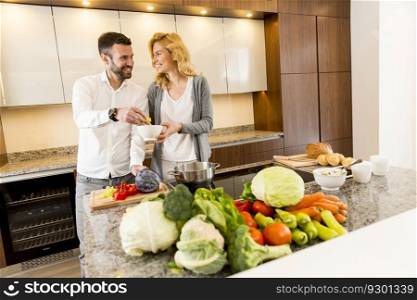 Young loving couple  preparing  tasty meal in a modern kitchen