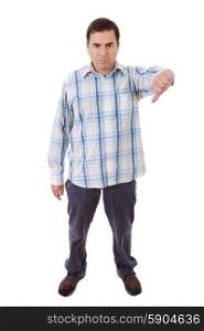 young mad casual man, full body, going thumb down, isolated