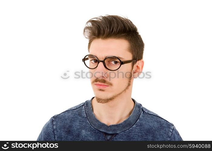 young mad casual man portrait, isolated on white