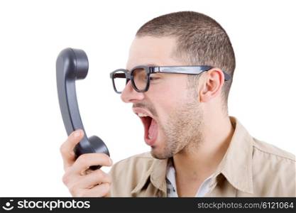 young mad man with a phone, isolated on white