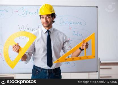 Young male architect in front of the whiteboard 