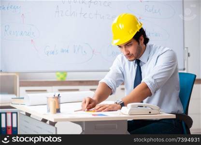 Young male architect in front of the whiteboard 