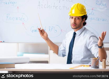 Young male architect in front of the whiteboard 