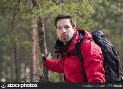 Young male backpacker in forest