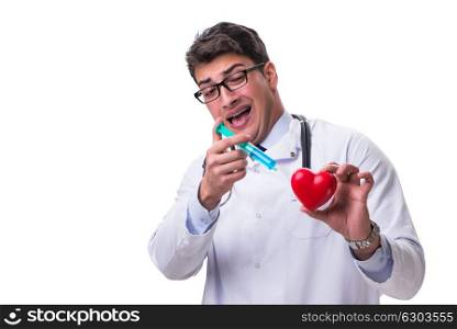 Young male cardiologist doctor holding a heart isolated on white. Young male cardiologist doctor holding a heart isolated on white background