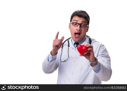 Young male cardiologist doctor holding a heart isolated on white. Young male cardiologist doctor holding a heart isolated on white background