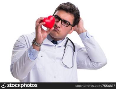 Young male cardiologist doctor holding a heart isolated on white background. Young male cardiologist doctor holding a heart isolated on white