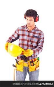 Young male construction worker, isolated over white background