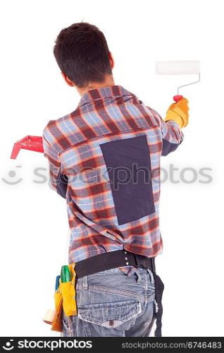 Young male construction worker, isolated over white background