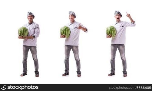 Young male cook with watermelon isolated on white