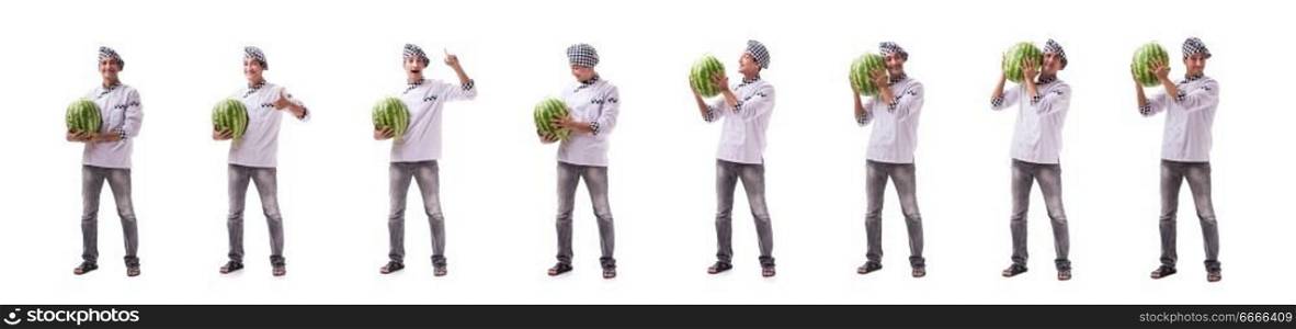 Young male cook with watermelon isolated on white