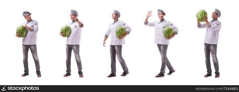 Young male cook with watermelon isolated on white. The young male cook with watermelon isolated on white