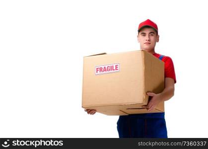 Young male courier with box isolated on white 
