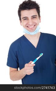 young male dentist with mask and toothbrush isolated on white background