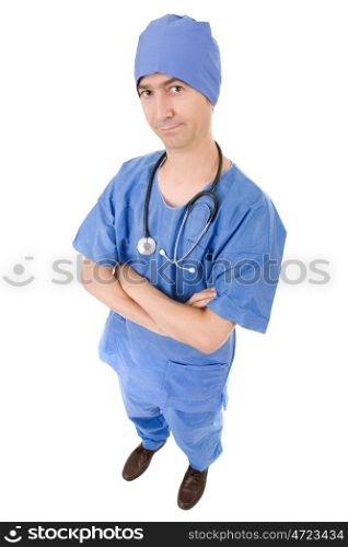 young male doctor full length, isolated on white background