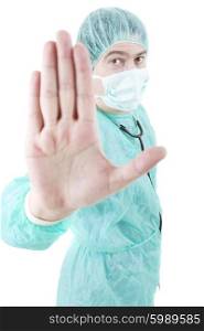 young male doctor going stop with his hand, isolated