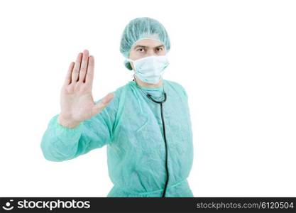 young male doctor going stop with his hand, isolated