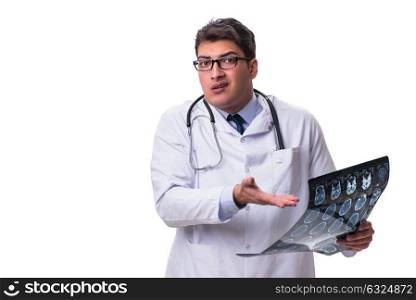 Young male doctor holding a radiograph isolated on white backgro. Young male doctor holding a radiograph isolated on white background