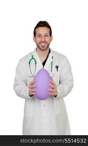 Young Male Doctor Holding Balloon Over White Background