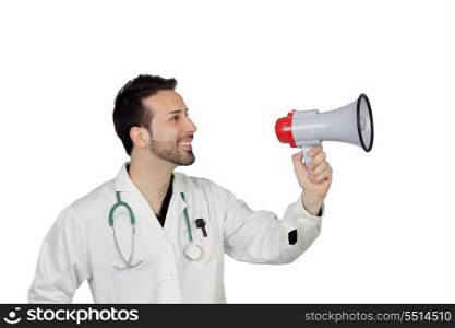 Young Male Doctor Holding Megaphone Over White Background