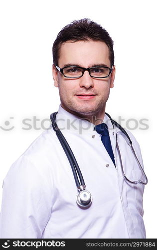 Young male doctor isolated on white