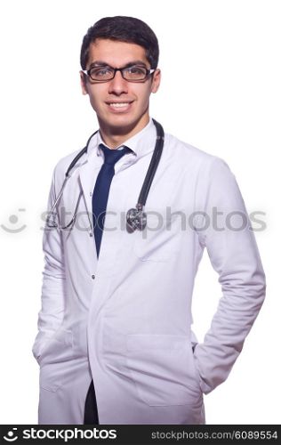 Young male doctor isolated on white