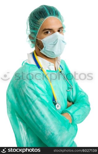 young male doctor, isolated on white background