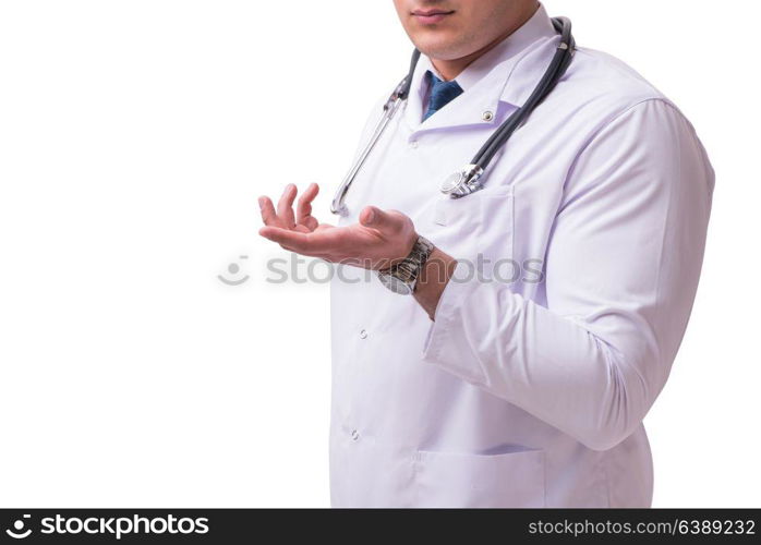 Young male doctor isolated on white background