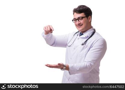 Young male doctor isolated on white background