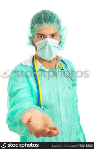 young male doctor offering hand, focus on the face