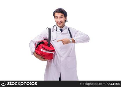Young male doctor paramedic isolated on white 