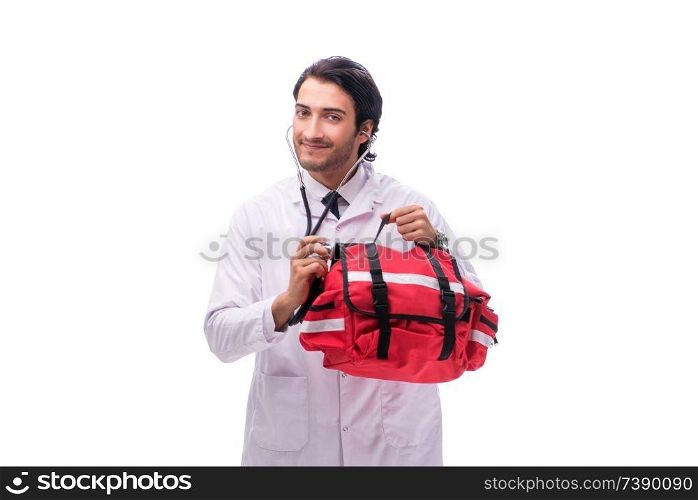 Young male doctor paramedic isolated on white 