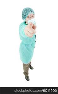 young male doctor pointing, full length, isolated