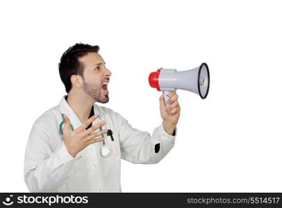 Young Male Doctor Shouting Through Megaphone Over White Background