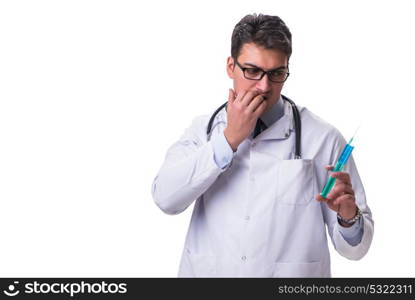 Young male doctor with a syringe isolated on white background