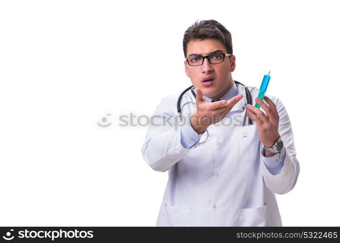 Young male doctor with a syringe isolated on white background