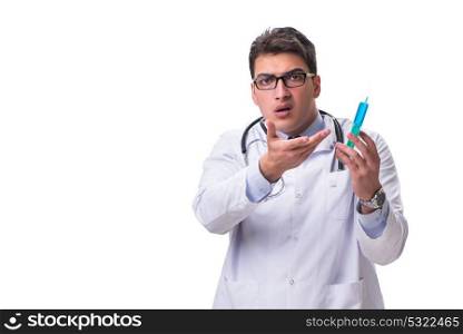 Young male doctor with a syringe isolated on white background