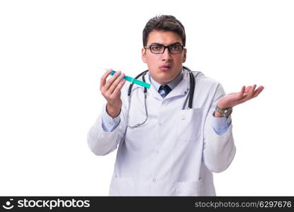 Young male doctor with a syringe isolated on white background