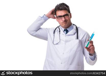 Young male doctor with a syringe isolated on white background