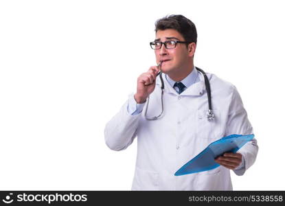 Young male doctor with a writing board isolated on white backgro. Young male doctor with a writing board isolated on white background