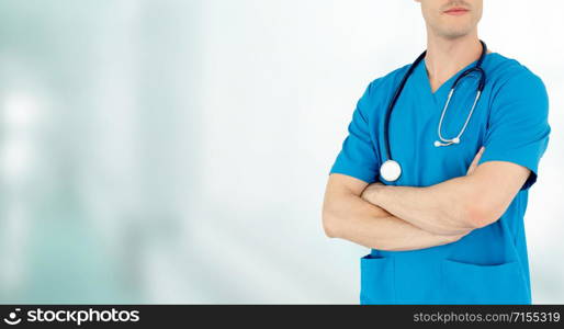 Young male doctor working at the hospital. Medical healthcare and doctor staff service.