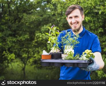 young male gardener holding crate with vivid potted plants garden