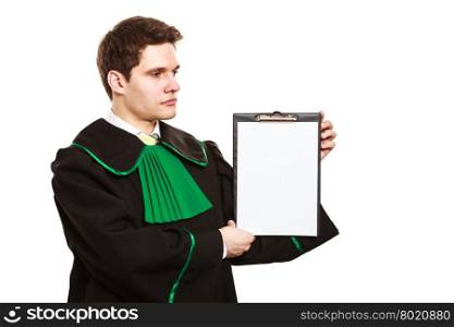 Young male lawyer hold clipboard.. Career and legal advice. Young male lawyer hold clipboard files show advice and help. Blank copy space for text