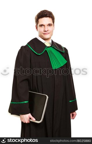 Young male lawyer hold closed laptop.. Technology and law career. Young male lawyer hold laptop portable computer help with work future.