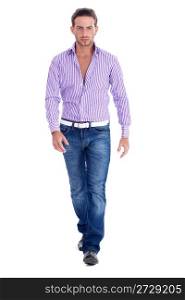 Young male model with casual wear walking towards the camera over white backgroud