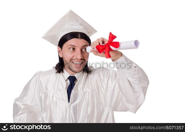 Young male student graduated from high school on white