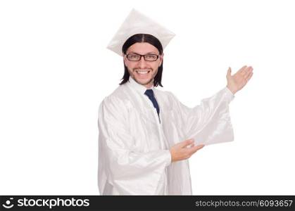 Young male student graduated from high school on white