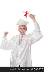 Young male student graduated from high school on white