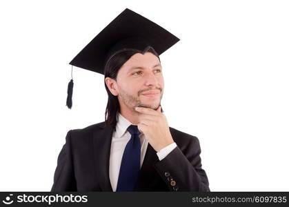 Young male student graduated from high school on white